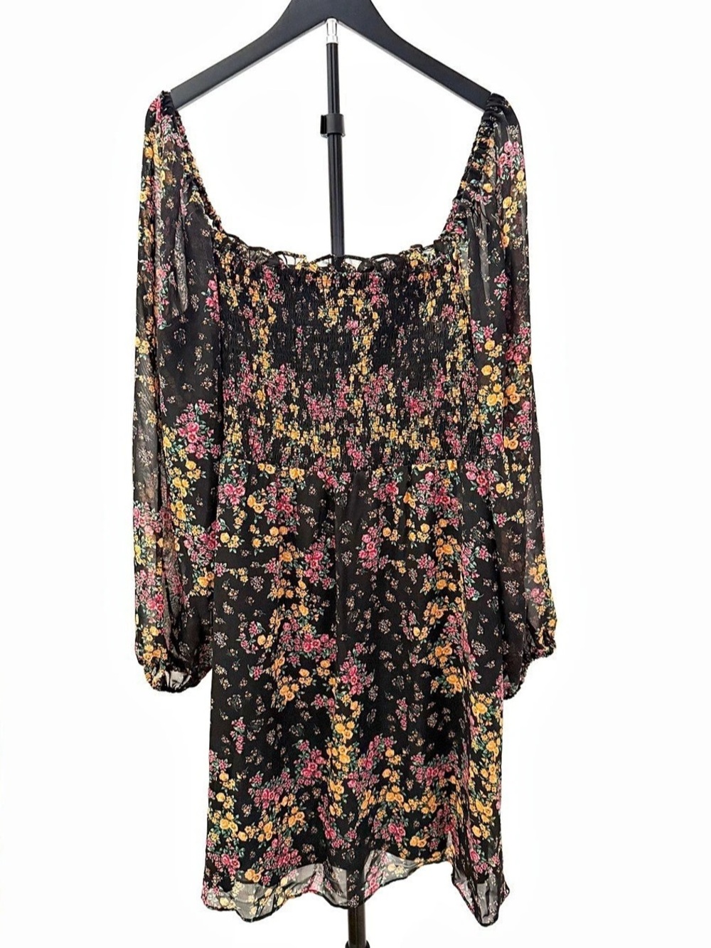 BCBG | Paris Floral Smocked Long Sleeve Chiffon Minidress Black & Pink XXL
